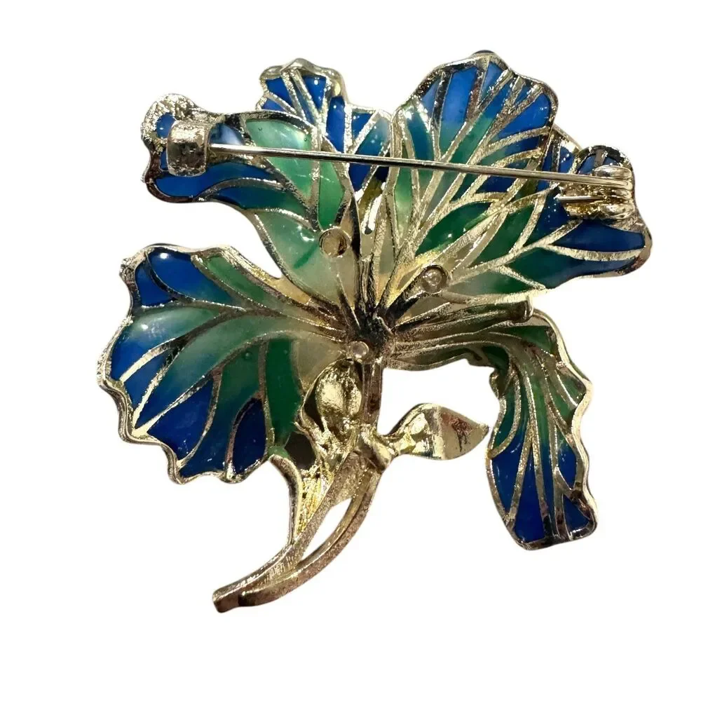 Blue, Green and Gold Plated and Rhinestone Brooch #22138 - Picture 6 of 6